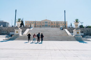 People at Syntagma Square in Athens heading for the stairs