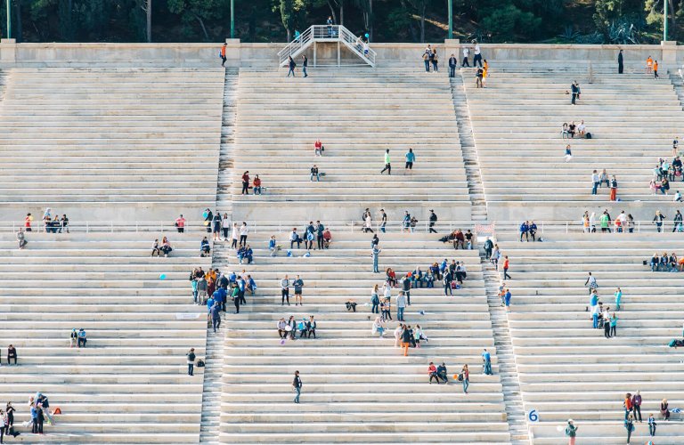 The bleachers at the Panathianic stadium in Athens filling up for the Marathon.