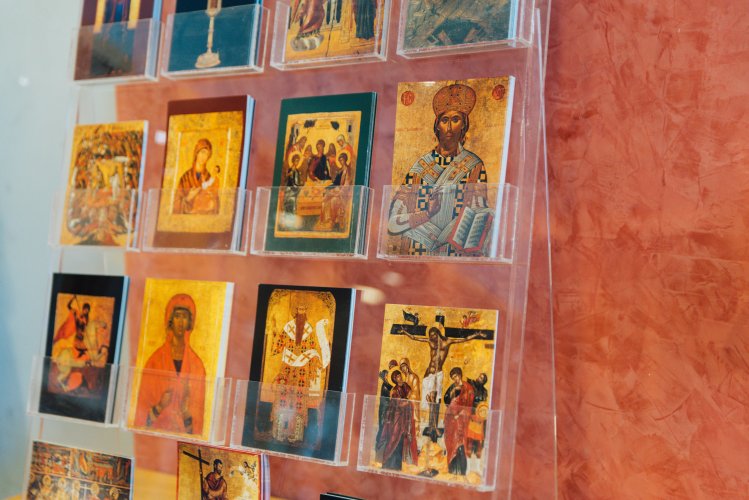 Artworks with religious themes on display.