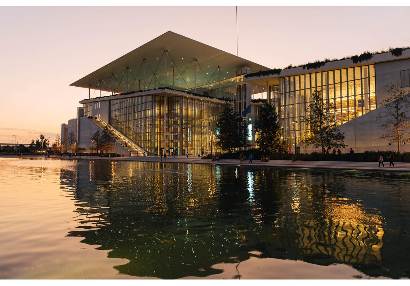 The stavros niarchos foundation cultural center and its canal at susnet. 