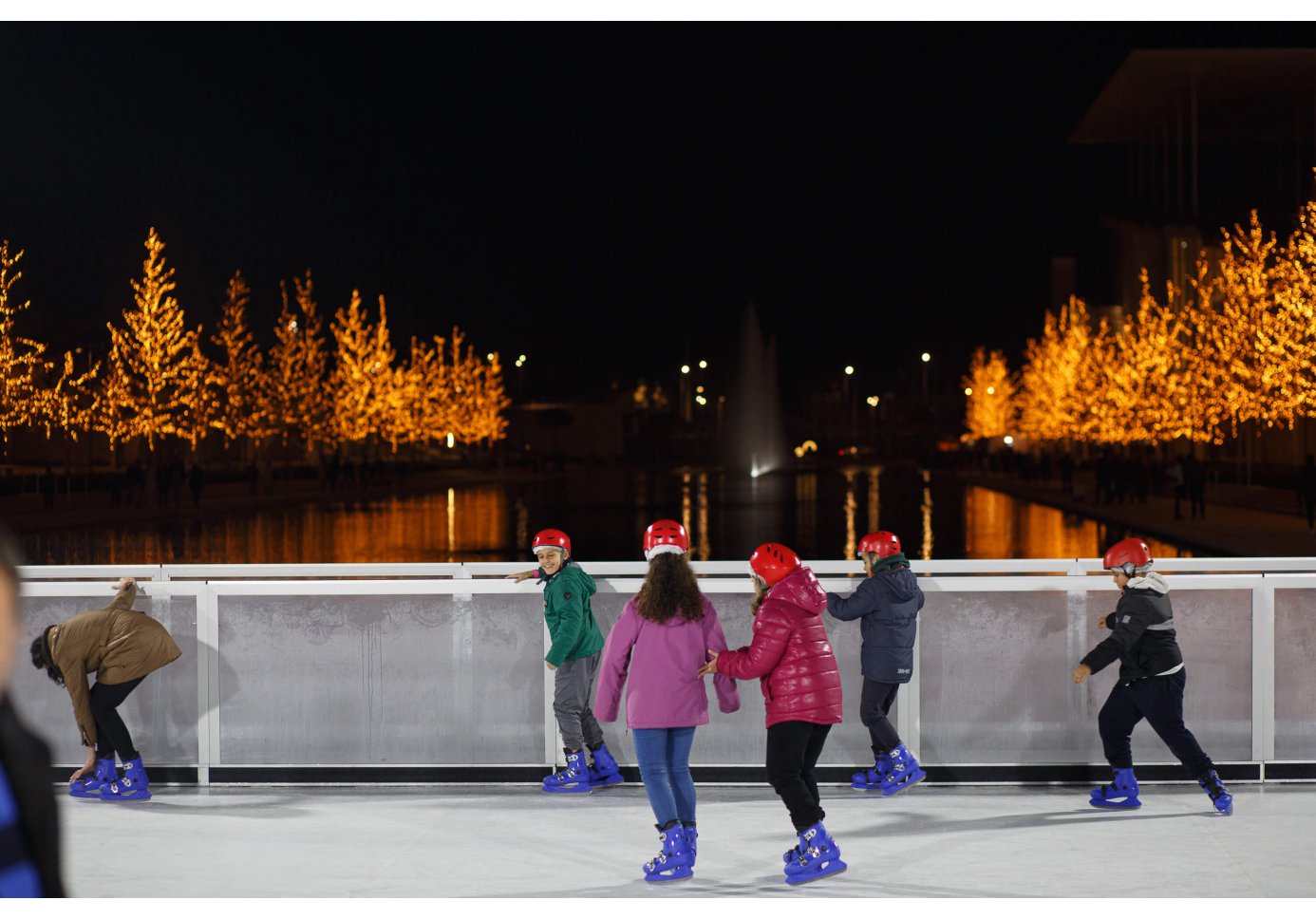 children skating on an ice rink, christmas-lit trees in the background, night-time