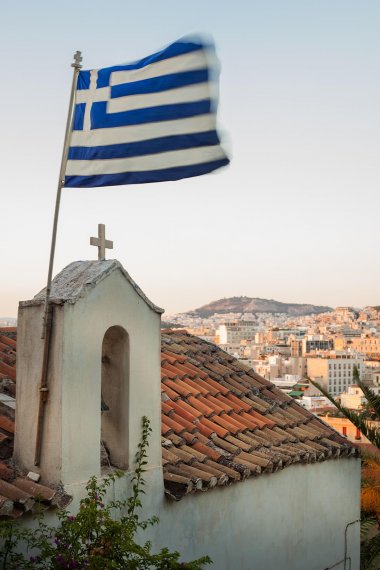 Athens - Church and Flag - Copyright Manos Chatzikonstantis