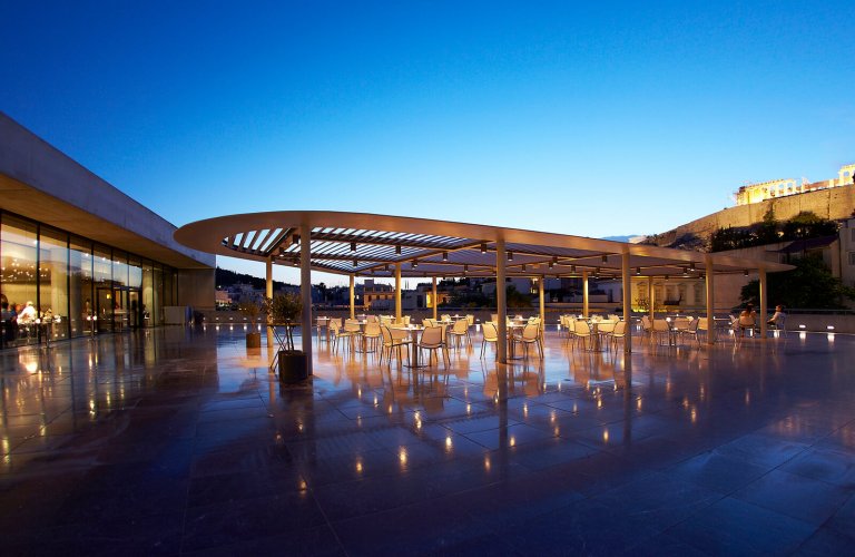 Night view of the Acropolis Museum Restaurant terrace. | Courtesy: The Acropolis Museum. Photo by Giorgos Vitsaropoulos.