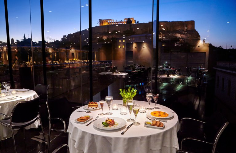 The Acropolis Museum Restaurant at night. | Courtesy: The Acropolis Museum. Photo by Giorgos Vitsaropoulos.