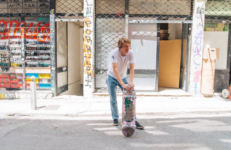 Skater resting at Protogenous Street, Athens