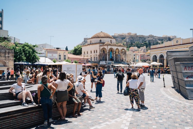 Monastiraki square athens with teenagers