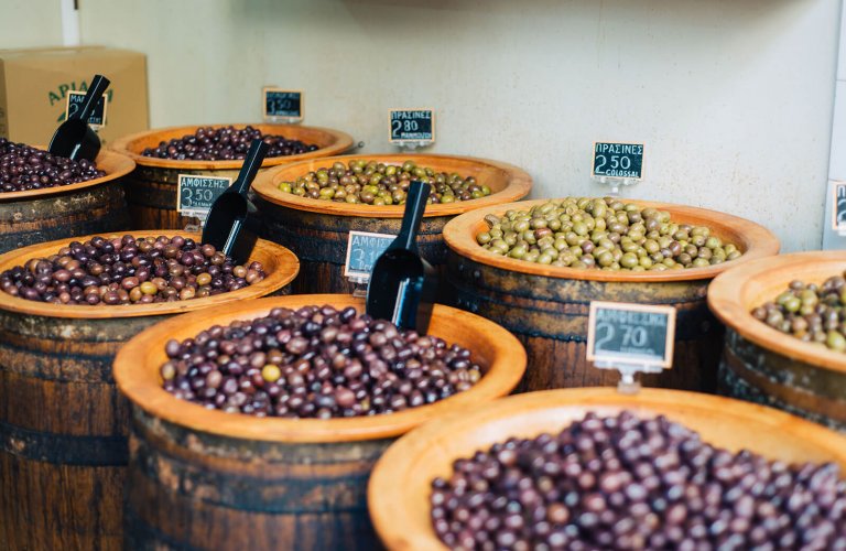 baskets of green and black olives