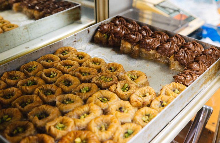 A tray of sweets at a bakery in Athens. 