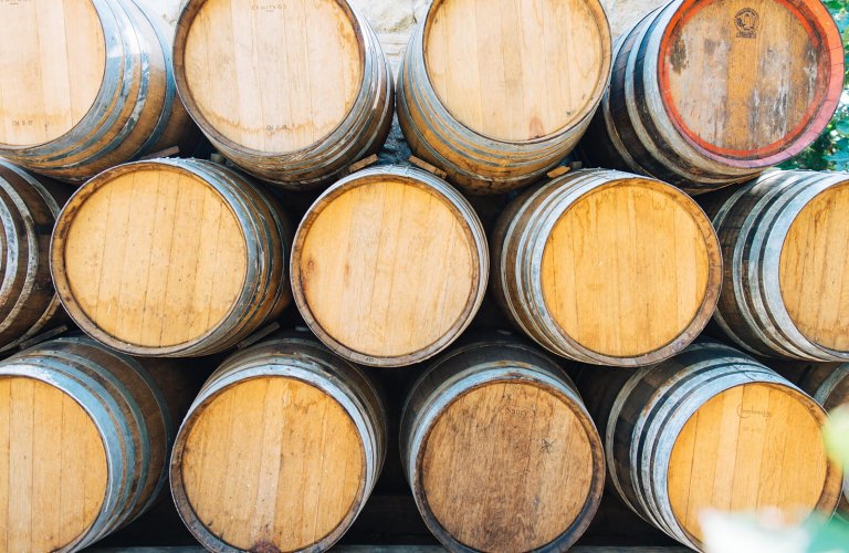 wooden barrels at Markou vineyard