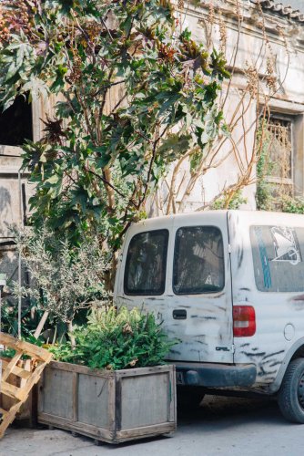 an old white van parked next to a tree