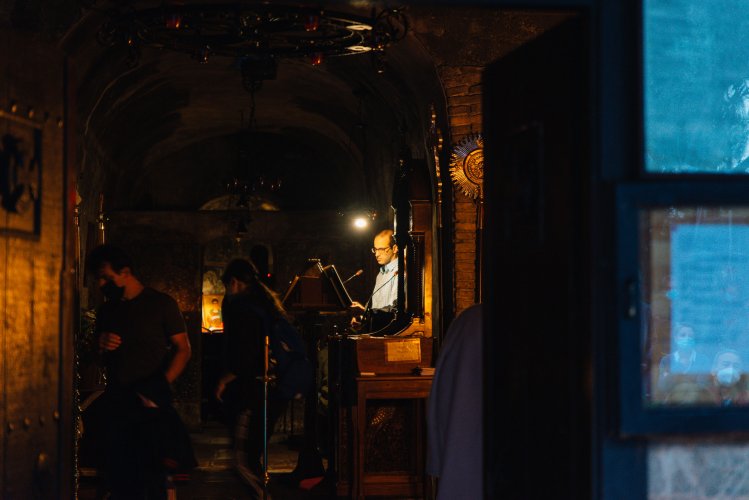 a chanter inside an Orthodox church