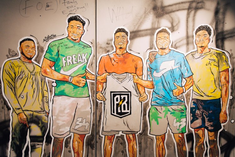 a mural depicting Antetokounbros.