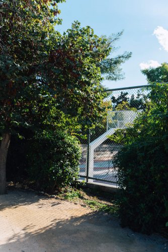 a basketball court at a park, trees around.