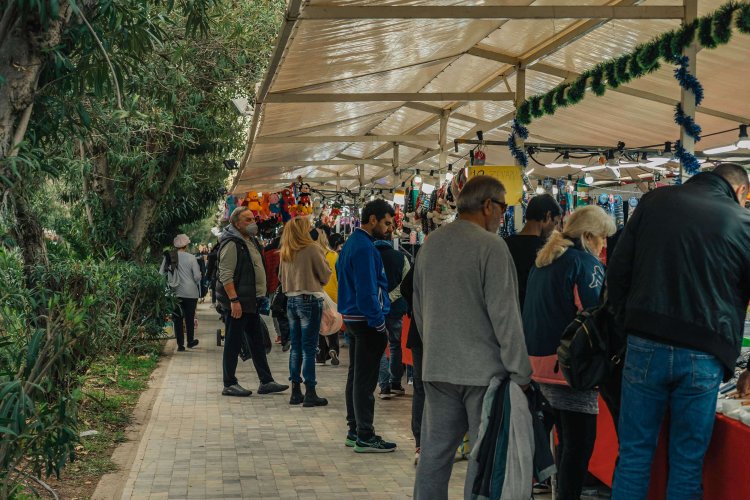 people shopping from an flea market at the park. 