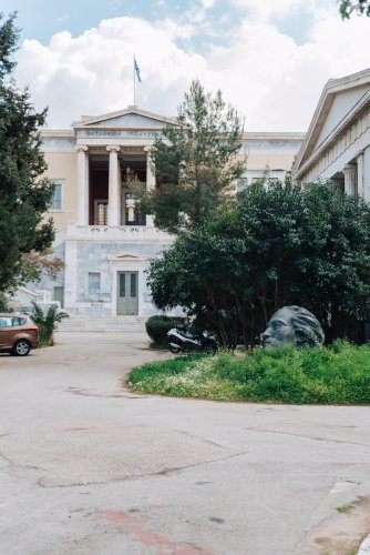 a huge grey sculptured-head of a man among trees, bushes and buildings.