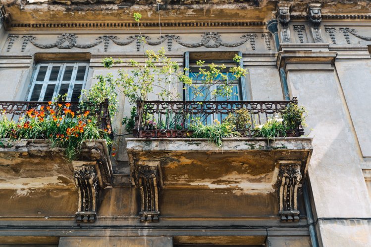ornamented balconies with plants.