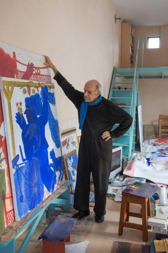 A blue bicycle rider coming to life in Fassianos' studio. | Photo: Louisa Nikolaidou / Courtesy of Alekos Fassianos Museum