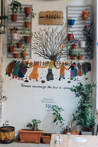 a wall painted and decorated with pots and plants