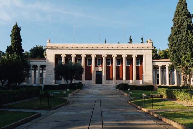 the exterior of a neoclassical building, red details.