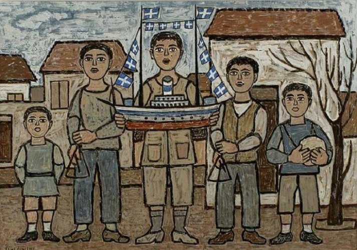 a painting of five boys singing the carols holding drums, triangles and a decorated boat.