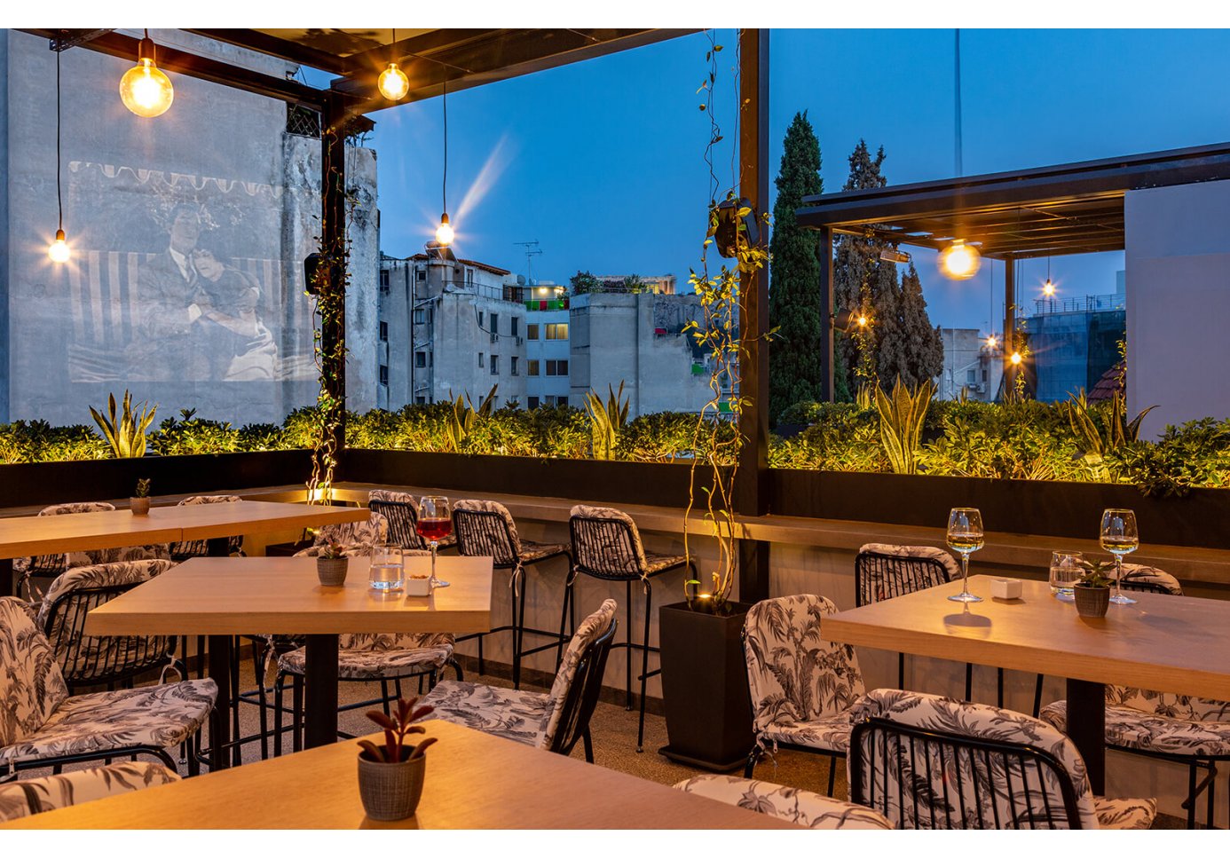 The rooftop terrace of The Artist bar in Athens.