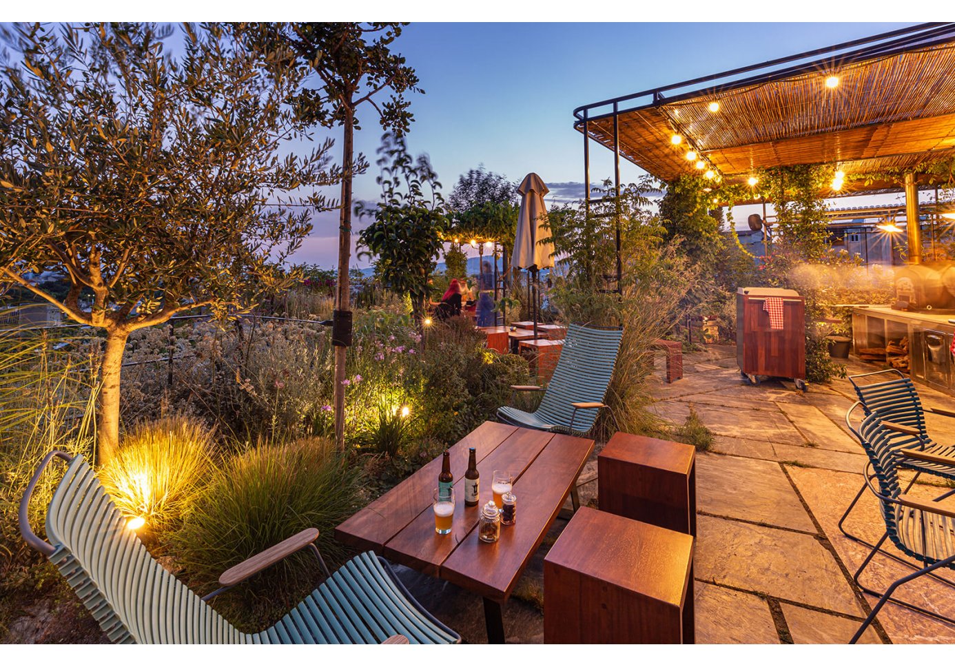 The rooftop bar at The Foundry hotel in Athens with a view of the Acropolis.