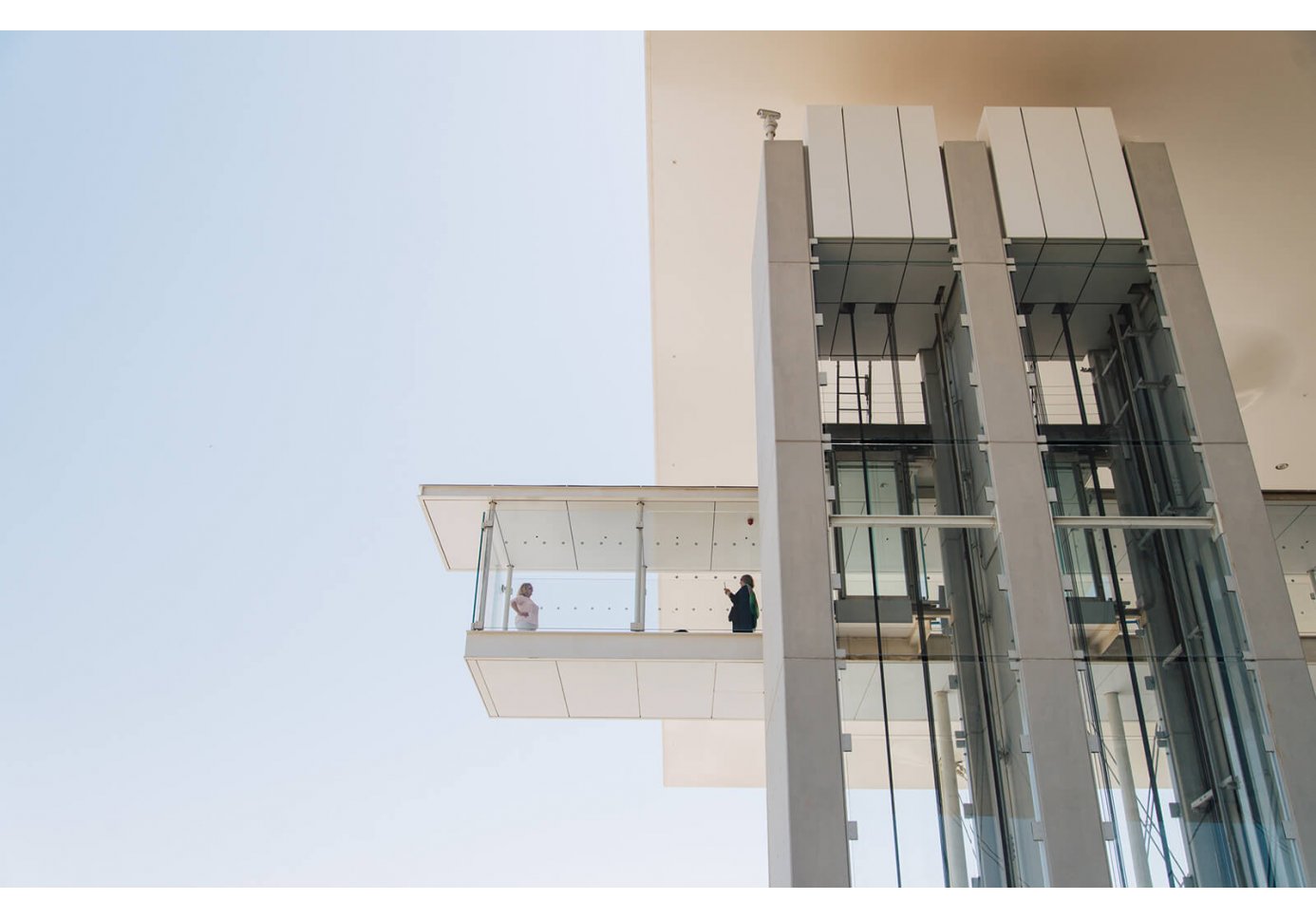 People at the elevator viewpoint at Stavros Niarchos Foundation Cultural Centre in Athens