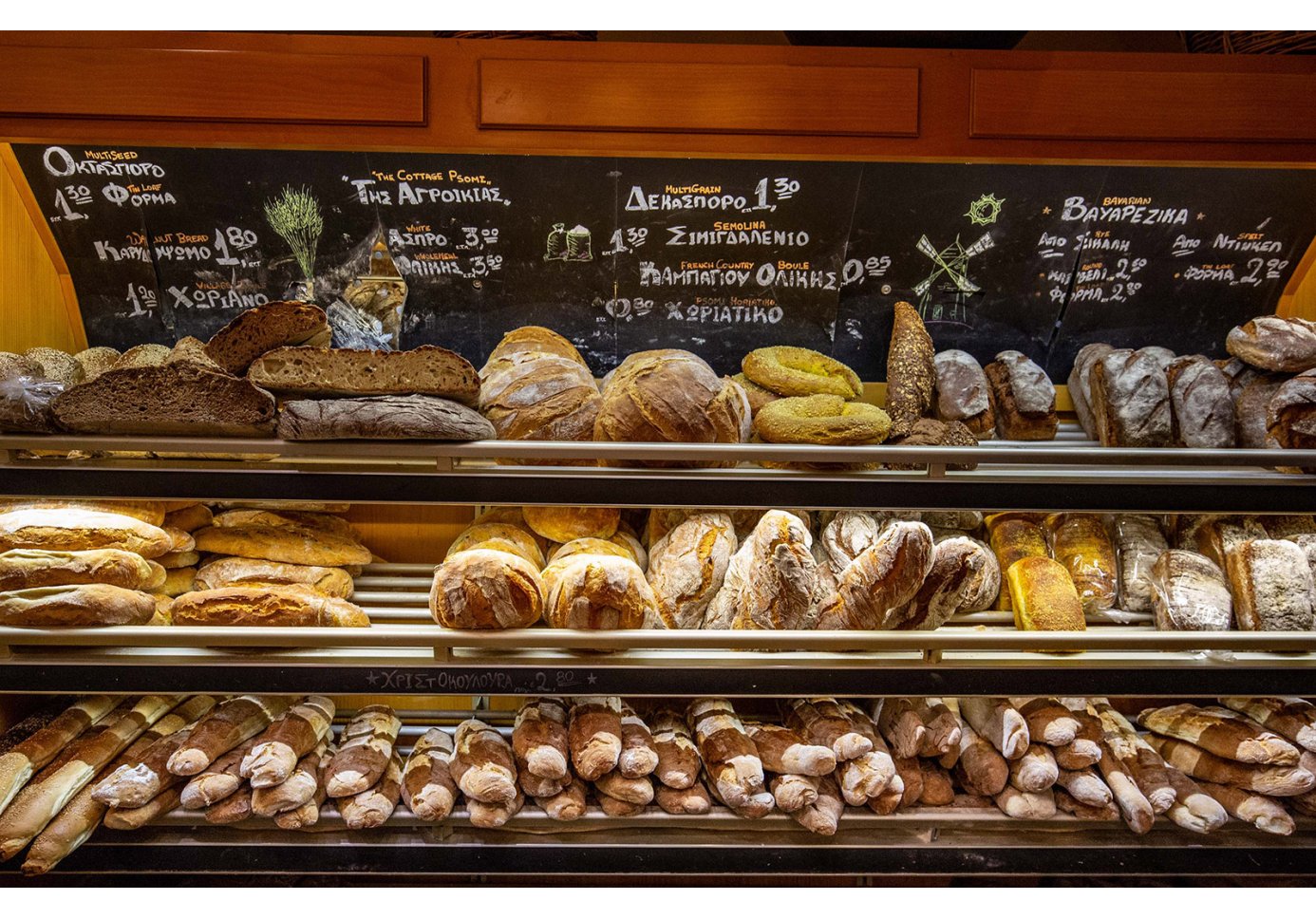 A bakery stand with all sorts of bread