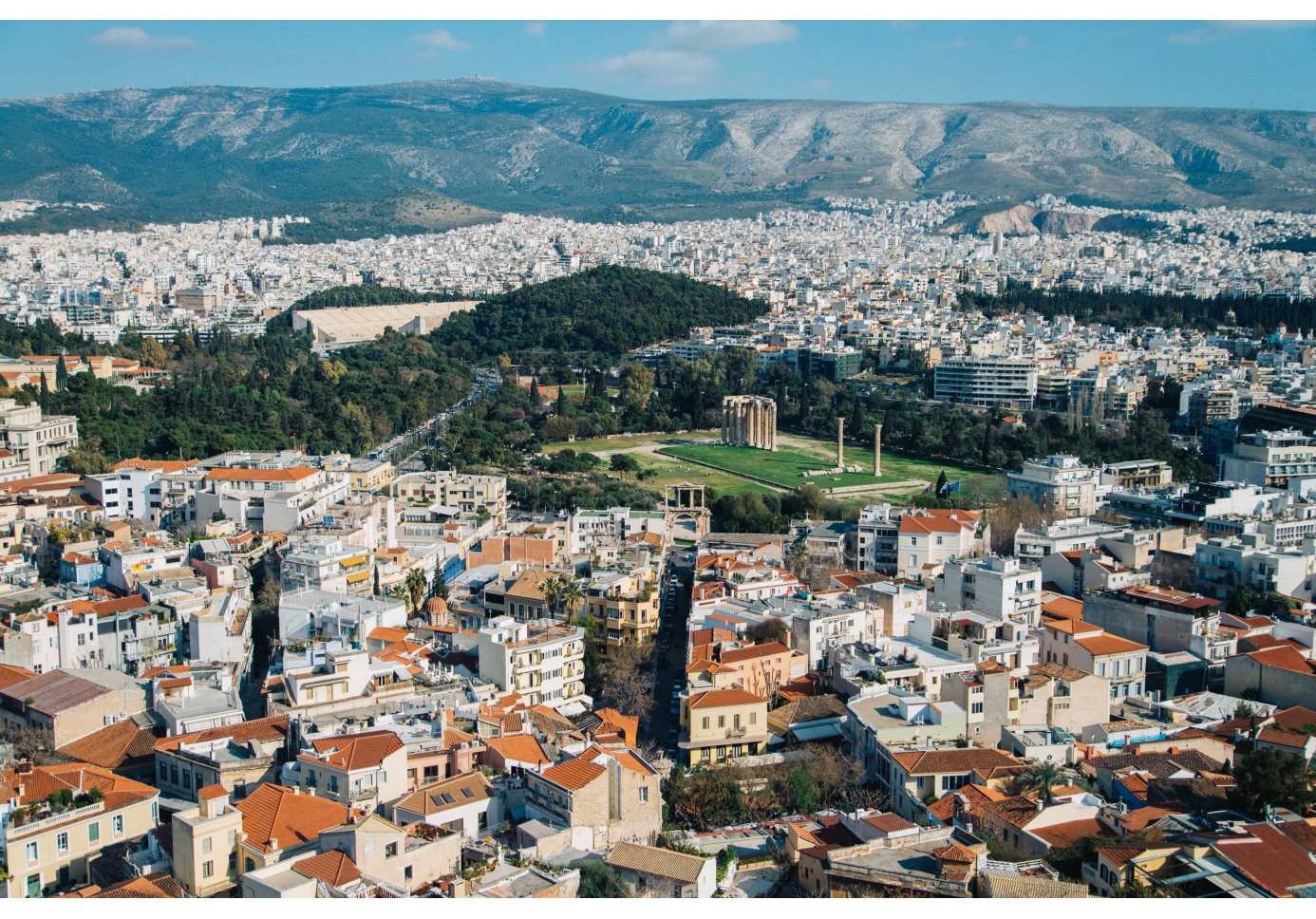 A panoramic view of Athens highlighting the Temple of Olympian Zeus