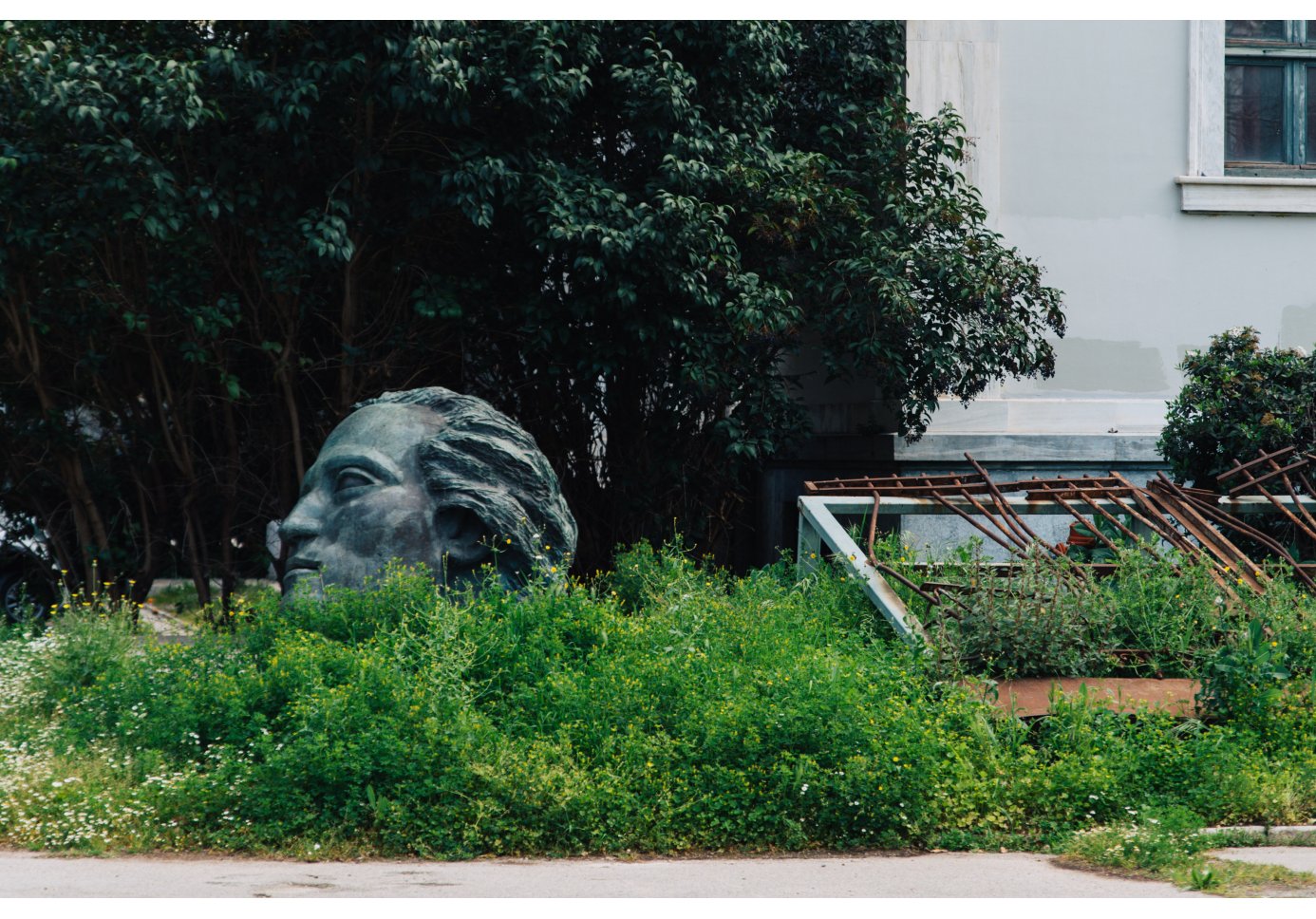 a huge grey sculptured-head of a man among trees and bushes. 