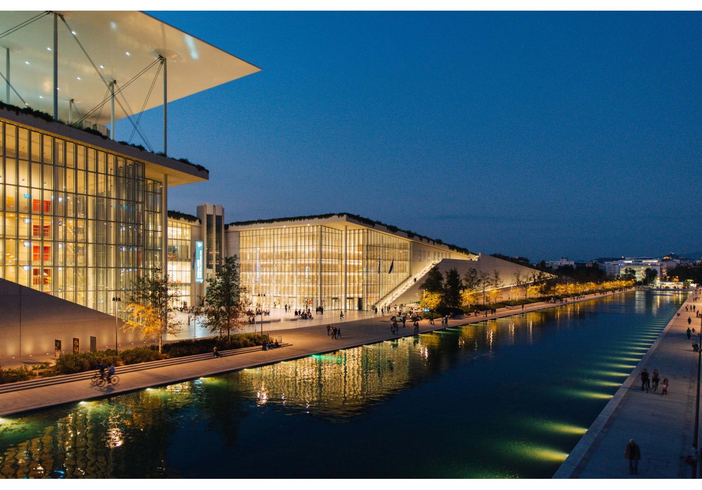 SNFCC and the canal during night time, yellow lights.